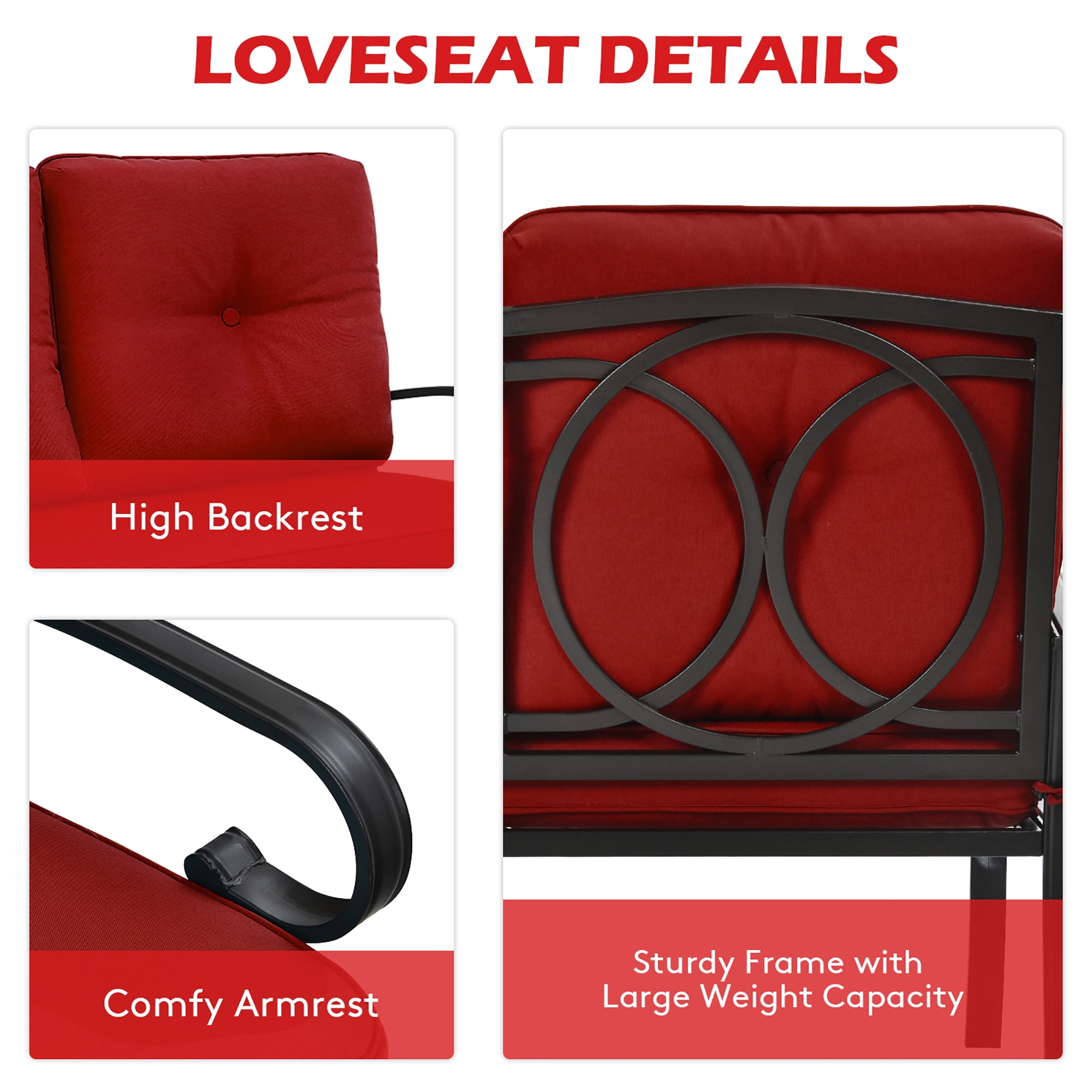 Costway 2PCS Patio Loveseat Bench Table Furniture Set Cushioned Chair Red