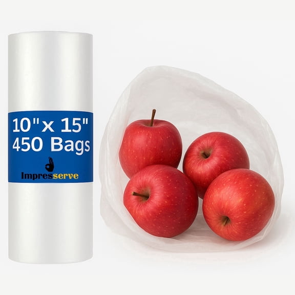 Impresserve Produce Bags on a Roll, Easy Tear Plastic Bags, Transparent, 10" x 15", 450 Count