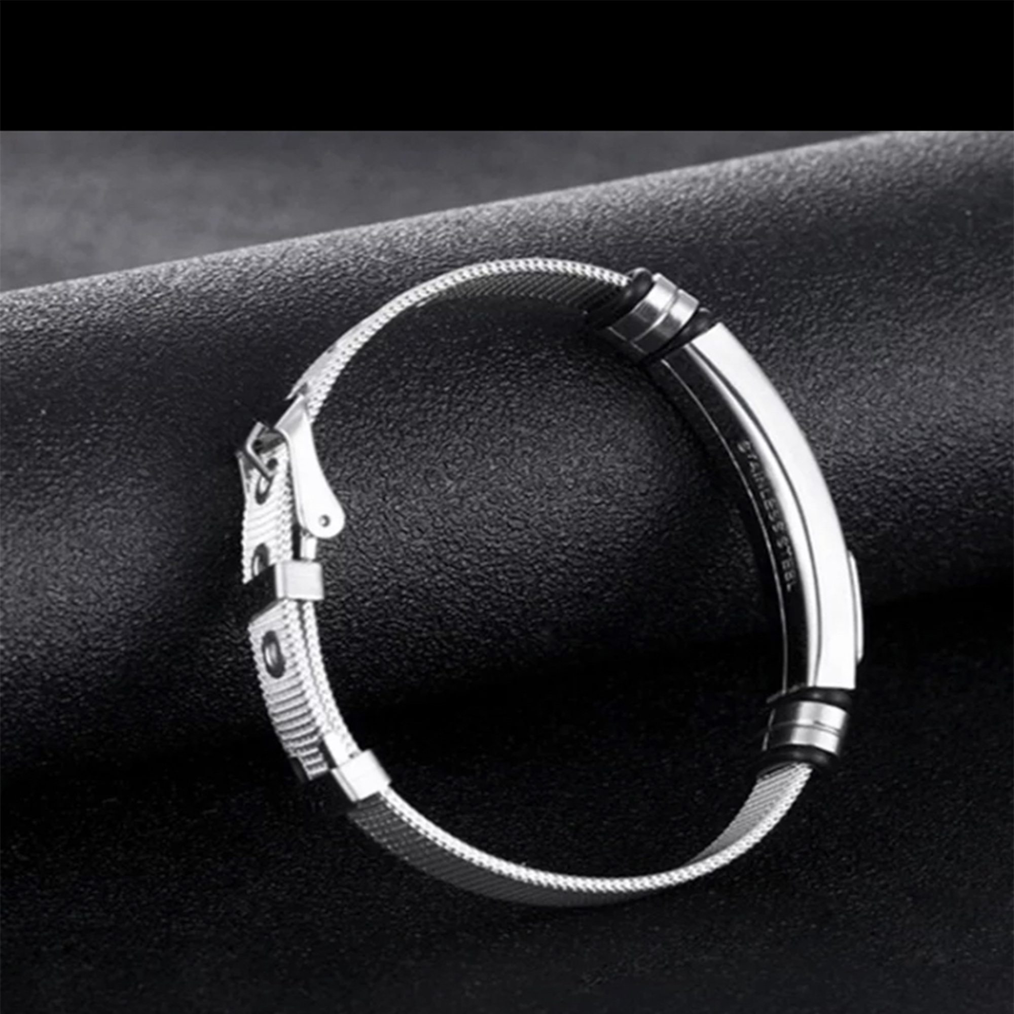 Mens Stainless Steel Bracelet with Bar, Adjustable Mesh Band with Buckle Clasp, Gold/Silver