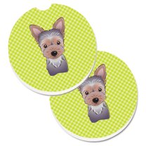 Checkerboard Lime Green Yorkie Puppy Set of 2 Cup Holder Car Coaster