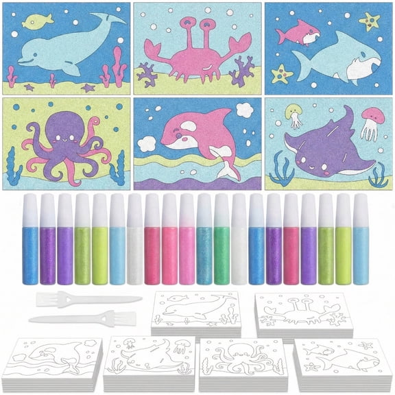 30 Sets Ocean Animal Sand Art Kits for Kids, DIY Sand Painting Craft Set with 20 Bottles of Sand & 6 Designs, Ocean Theme Arts and Crafts for Kids, Classroom Activities, Ages 3 