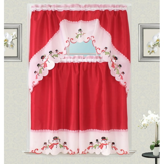 3-Piece Decorative Christmas Holiday Design Embroidered Snowman Kitchen Curtain Set Xmas Style