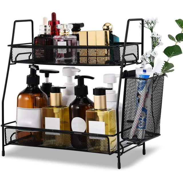 Organizador de Encimera 2 Niveles Acero Inoxidable con Cesta y Barandillas para Baño Cocina Especias Maquillaje Negro