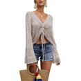 thumbnail image 2 of XINQIHANG Womens Boho Off Shoulder Sheer Crop Tops Bell Sleeve Flowy Oversized Crochet Ruched Pullover Sweaters, 2 of 7