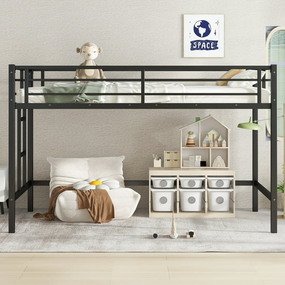 Jopath Twin Size Loft Bed Metal Bed Frame with Side Ladder and Safety Rails,for Boys and Girls