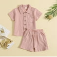 thumbnail image 5 of Toddler Baby Boy Summer Clothes Cotton Linen Short Sleeve Solid Button Down Shirt Shorts Set Outfits with Pockets, 5 of 9