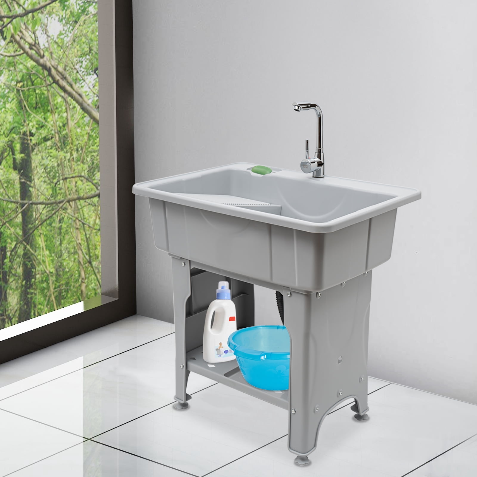 Heavy-Duty Utility Sink Laundry Tub – Weather-resistant PP Basin with Removable Washboard and Storage Shelf