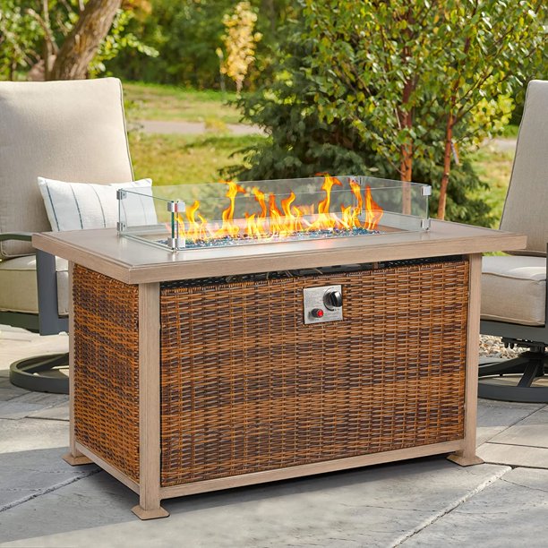 50 in Propane Fire Pit Table,Rattan Fire Pit Table with Glass Wind