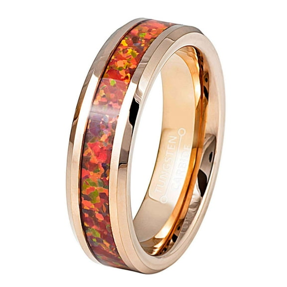 Jewelry Avalanche Rose Gold Tungsten Wedding Band Red Fire Opal Inlay, Beveled Edge, Comfort Fit 6MM