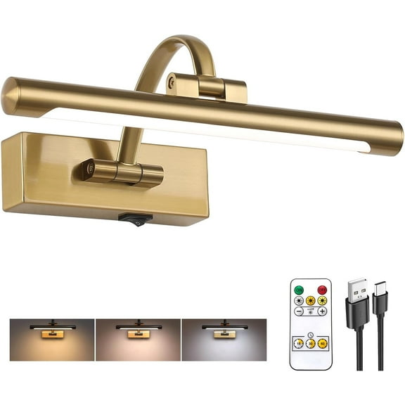 Rechargeable Picture Light with Remote Control,12 Inch Brass Finish Adjustable Wireless Art Lighting Fixture,Painting Lights with Timer,3 Color Temperature and Dimmable
