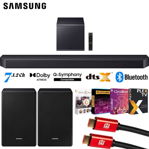 Samsung Q series Soundbar HW-Q900F 7.1.2 ch Subwoofer (2025) Q-Symphony Bundle with SWA-9500S Wireless Rear Speakers, Tech Smart USA Premiere Movies Streaming and 2x 4K HDMI Cable