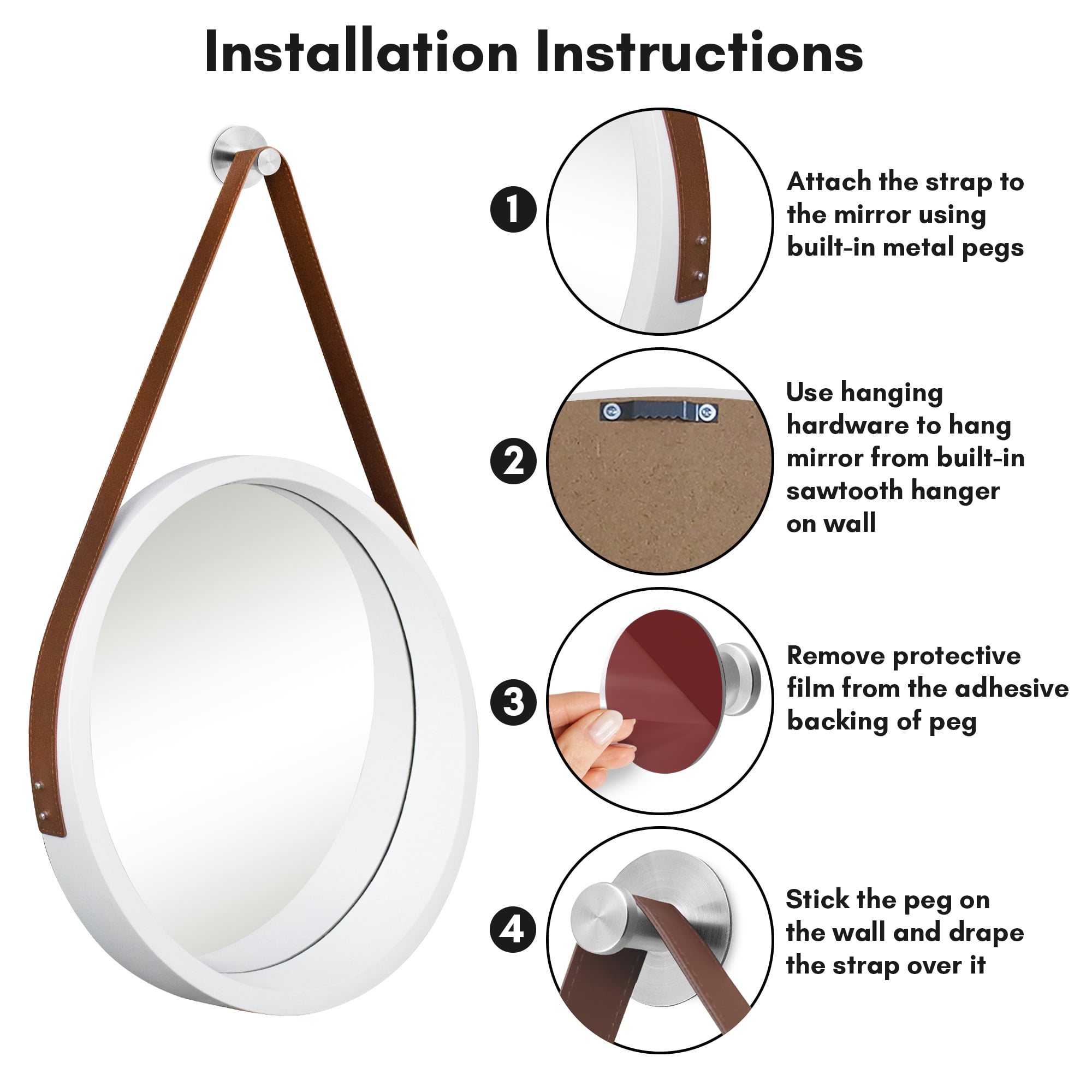 Americanflat - 20x20 White Round Mirror with Strap Circle Mirror for Bathroom, Bedroom, Entryway, Living Room