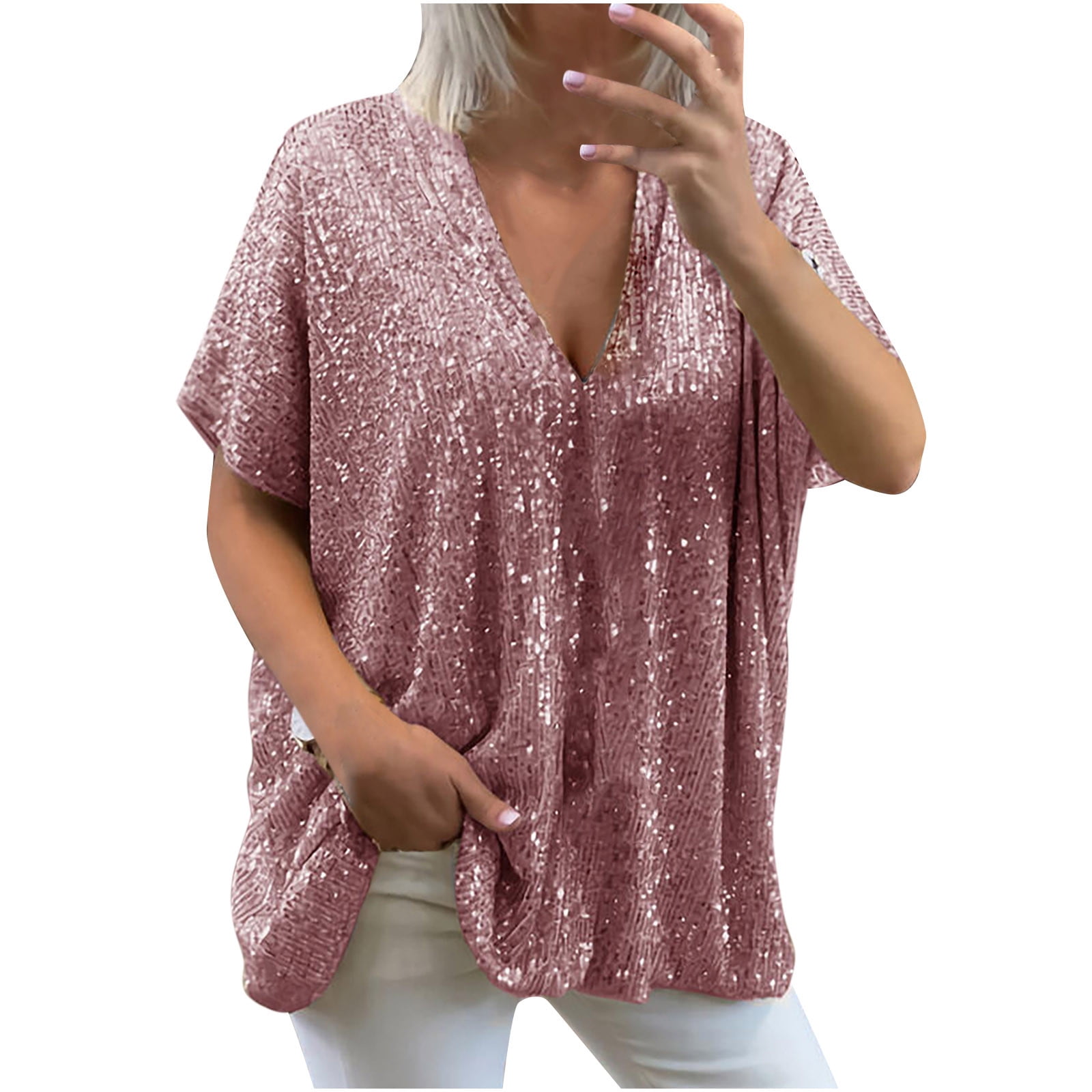 Hfyihgf Women's Sequin Short Sleeve Tops V Neck Glitter Sparkles Fit Tshirt Plus Size Trendy Tunic Blouse Comfy Club -