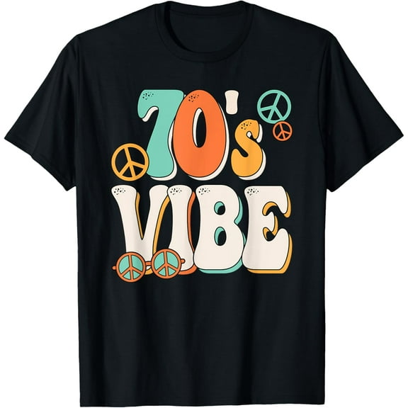70's Vibe Costume 70s Party Outfit Groovy Hippie Peace Retro T-ShirtMen and women, Black T-shirt, size: Extra large