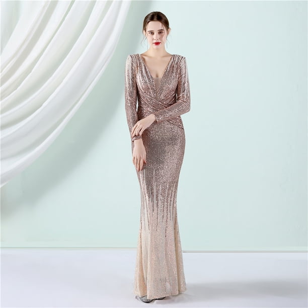 Vestido de noche de manga larga con cuentas degradadas, vestido largo de lentejuelas de moda de primavera y verano, tostado
