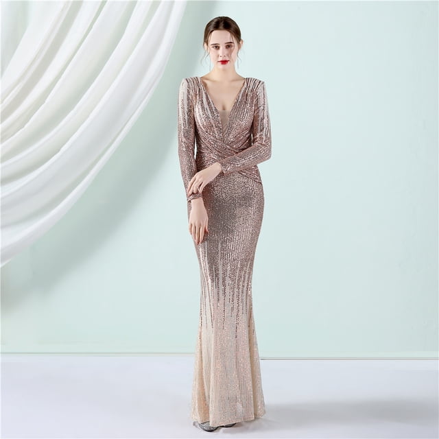 Vestido de noche de manga larga con cuentas degradadas, vestido largo de lentejuelas de moda de primavera y verano, tostado