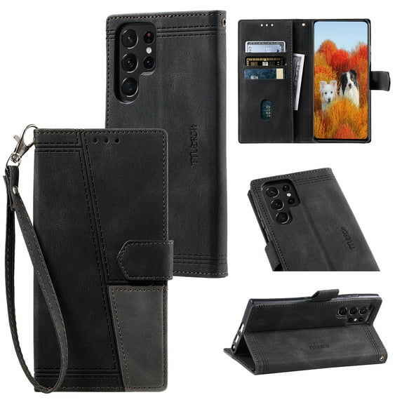 Splicing Wallet Case for Samsung Galaxy S22 Ultra,Wrist Strap Card Slots PU Leather Wallet Protection Case Magnetic Closure Stand Flip Case Cover for Samsung Galaxy S22 Ultra,Black