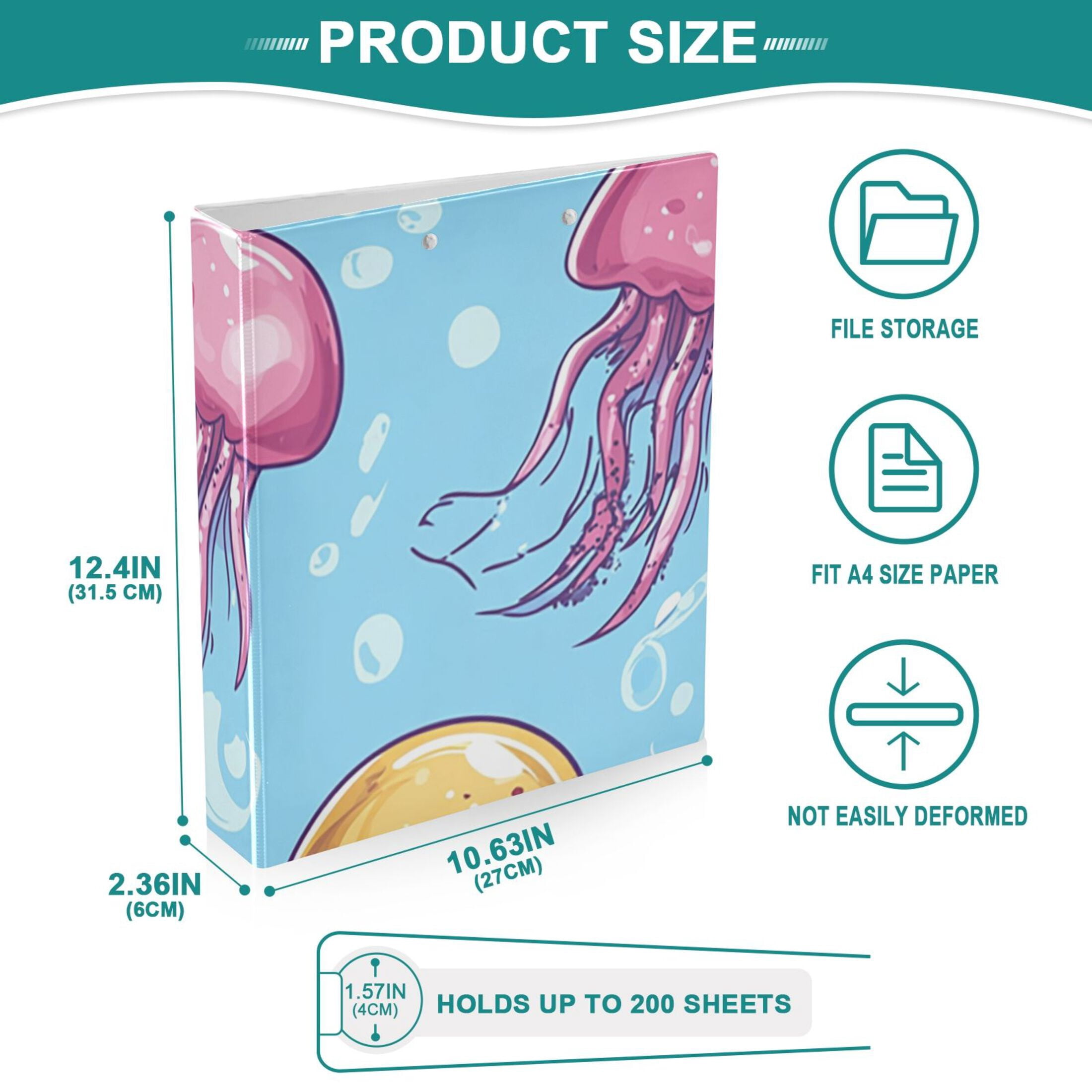 Jellyfish in Blue 3 Ring Binders 1.5 inch Hardcover File Folders with Interior Pockets A4 Size Organizer for School Office Hospital Set of 2