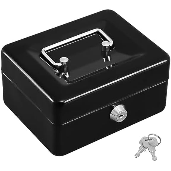 Cash Box with Key,Small Safe Lock Box with Portable Handle,Cash Drawer,5.91"x 4.72"x 3.15" Black Small