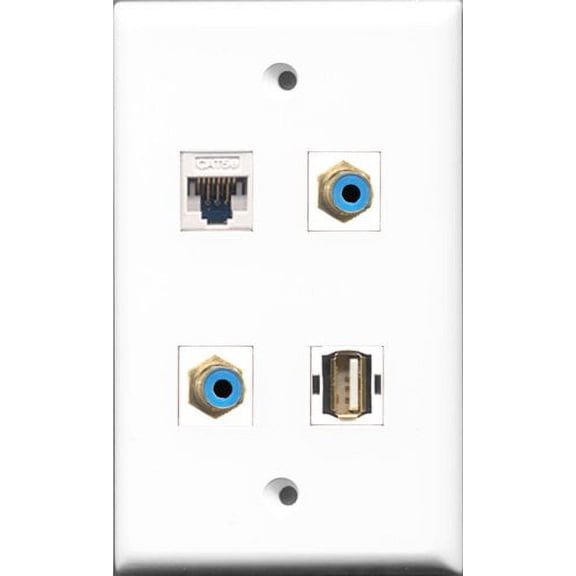 RiteAV - 2 Port RCA Blue and 1 Port USB A-A and 1 Port Cat5e Ethernet White Wall Plate