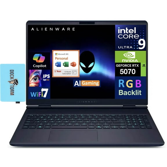 Alienware AI Gaming Laptop 16.0in 240Hz IPS WQXGA Display (Intel Ultra 9- 275HX, GeForce RTX 5070 8GB, 32GB DDR5, 2TB PCIe SSD, RGB KB, Win 11 Pro) w/Microsoft 365 Personal , DKZ USB Port Expander