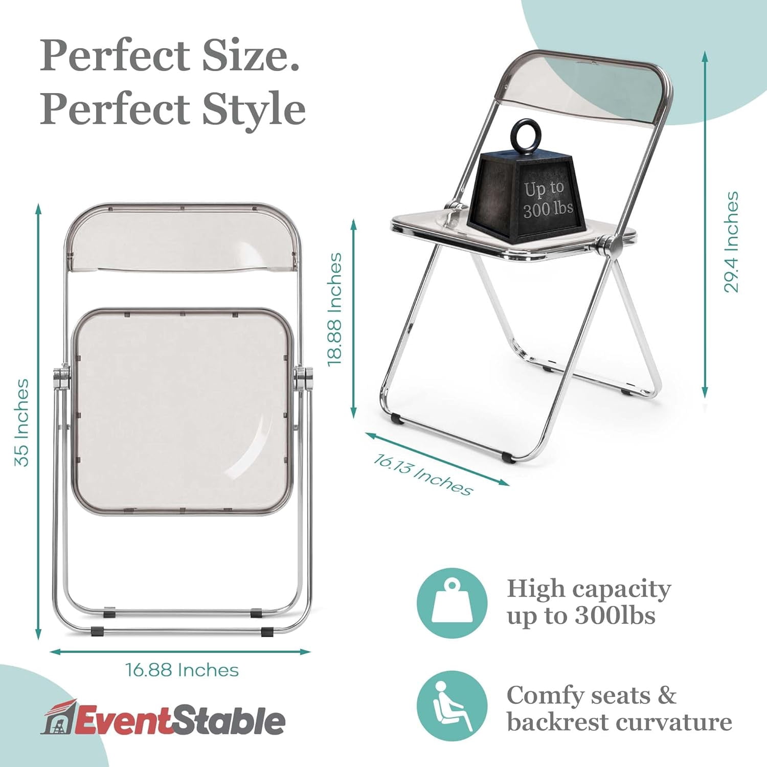 EventStable Clear Acrylic Folding Chair with Electroplate Chrome Frame, Lightweight Portable Seating Stackable Comfortable Chair for Indoor Outdoor Dining, Events & Parties - Clear - 4-Pack