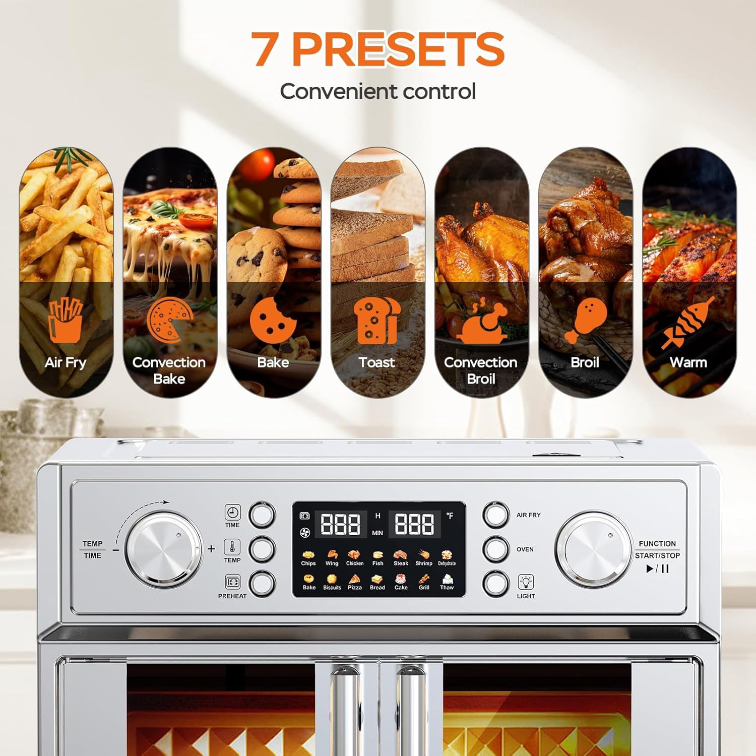 Plum Chef 26QT Large Capacity French Double-Door Air Fryer Convection Toaster Oven, 1700W, 14 Preset Menus, 7-in-1 Multi-Function (Bake, Roast, Gril,Toast,Dehydrate&Defrost), Stainless Steel,silvery