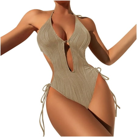TrendVibe365 Cute One Piece Swimsuit for Women Brown Thong Halter Solid Swimwear Beachwear L