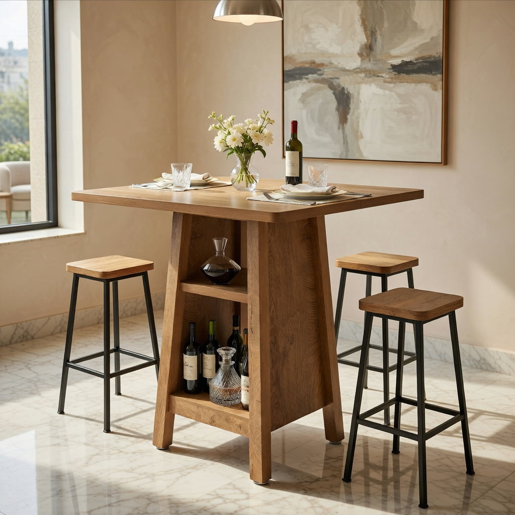 Hommoo Modern Square Bar Table with 3-Tier Open Shelving, for Kitchen, Living Room or Apartment Dining, Walnut
