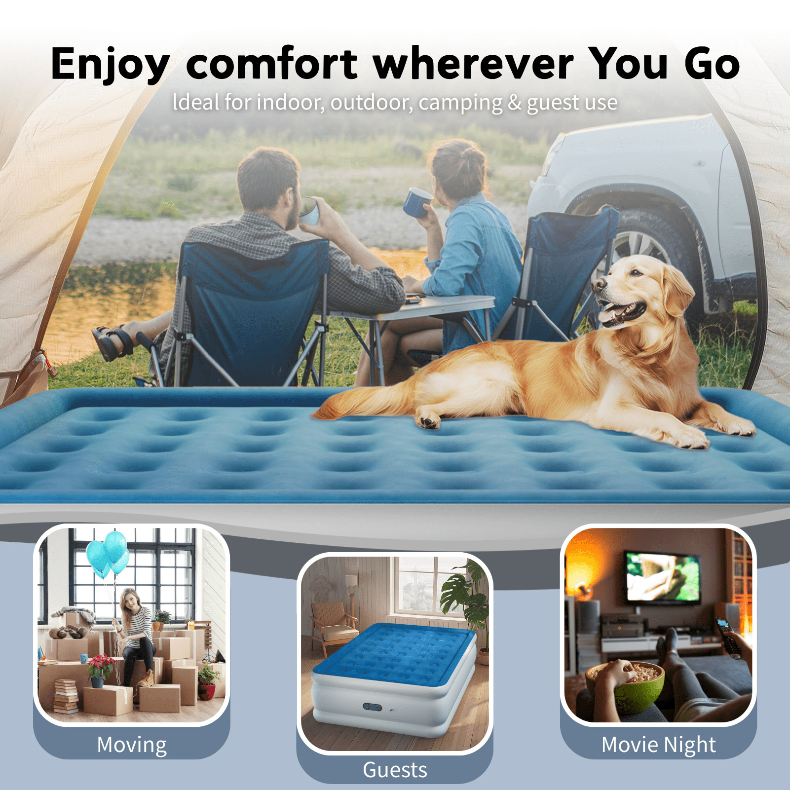 Queen 22" Top Flocking Air Mattress with Built-in Pump Raised Comfort,Fast Inflation/Deflation Foldable Portable Air Bed with Storage Bag for Home,Camping,Guests Blue