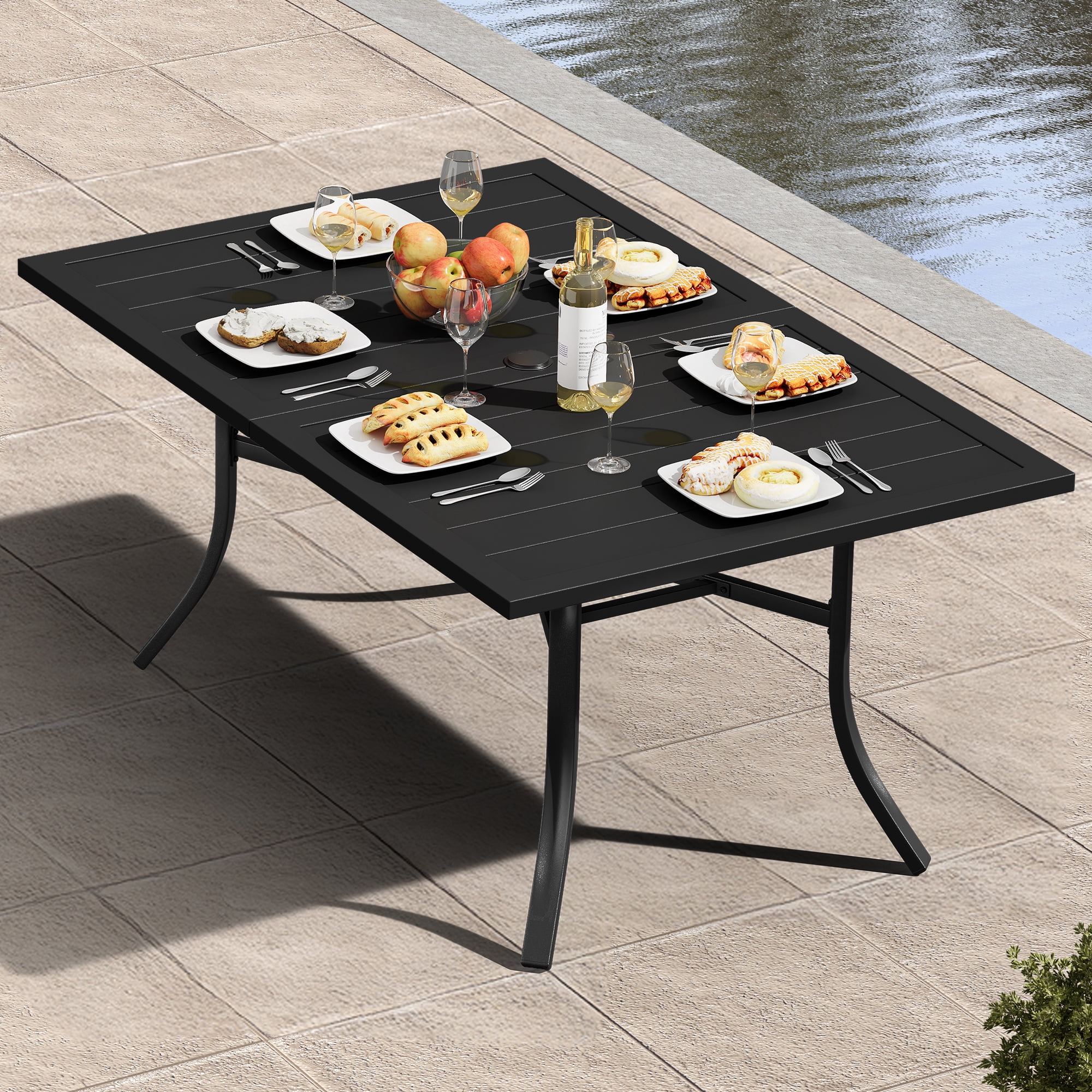 Uforic 59" Outdoor Dining Table for 6, Rectangular Patio Table with Umbrella Hole, E-Coating Metal Table for Backyard Garden, Black