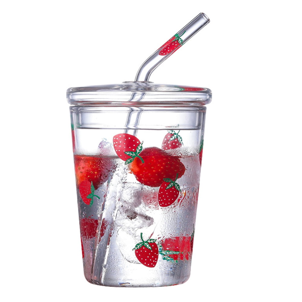 Transparent Cute Ins Glass Cup With Straw, Strawberry Cups With Lid