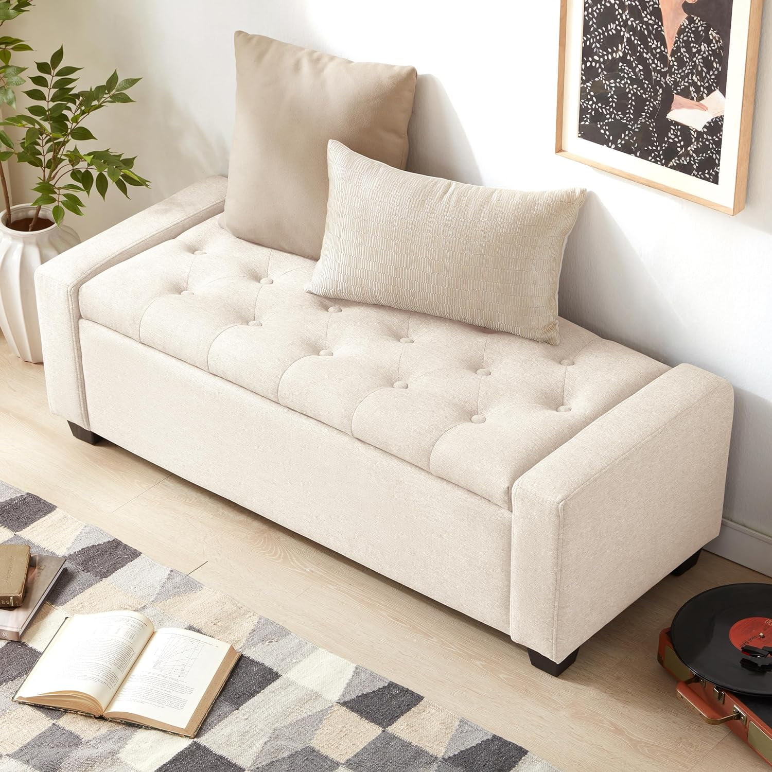 Weture Storage Ottoman Bench with Tufted, Safety Hinge & Upholstered Storage, 330 lb Limit, Beige