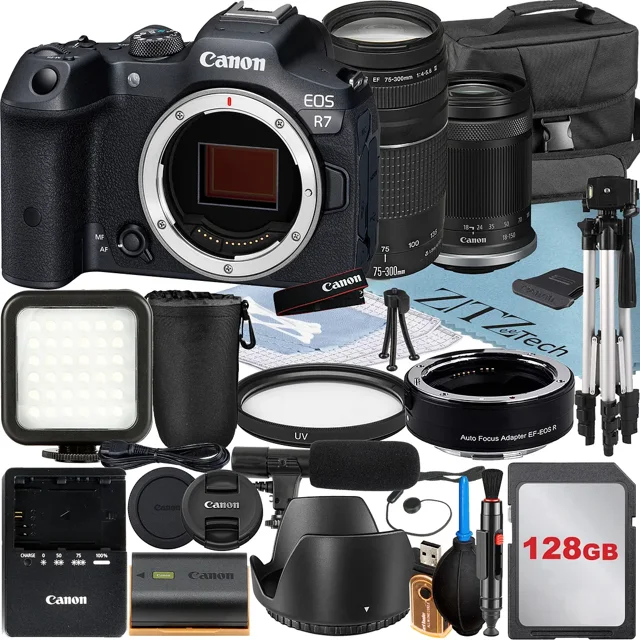 Canon EOS R7 Mirrorless Camera with 18-150mm + 75-300mm Lens + Mount Adapter + 128GB Memory Card + Case + LED Flash + ZeeTech Accessory Bundle