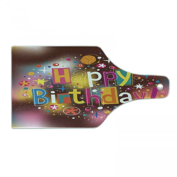 Birthday Cutting Board, Colorful Fun Graphic Lettering with Stars Dots Daisies on a Blurred Background, Tempered Glass Cutting and Serving Board, Wine Bottle Shape, Multicolor, by Ambesonne