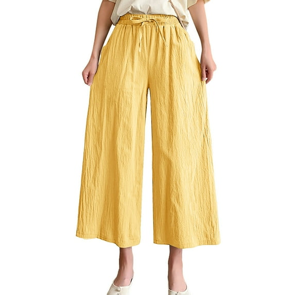 Fsqjgq Women Casual Summer Dressy Pants Comfy Pants Women Solid Casual Pocket Wide Leg Pants Elastic Waist Belt Loose Pants Cropped Pants Yellow M