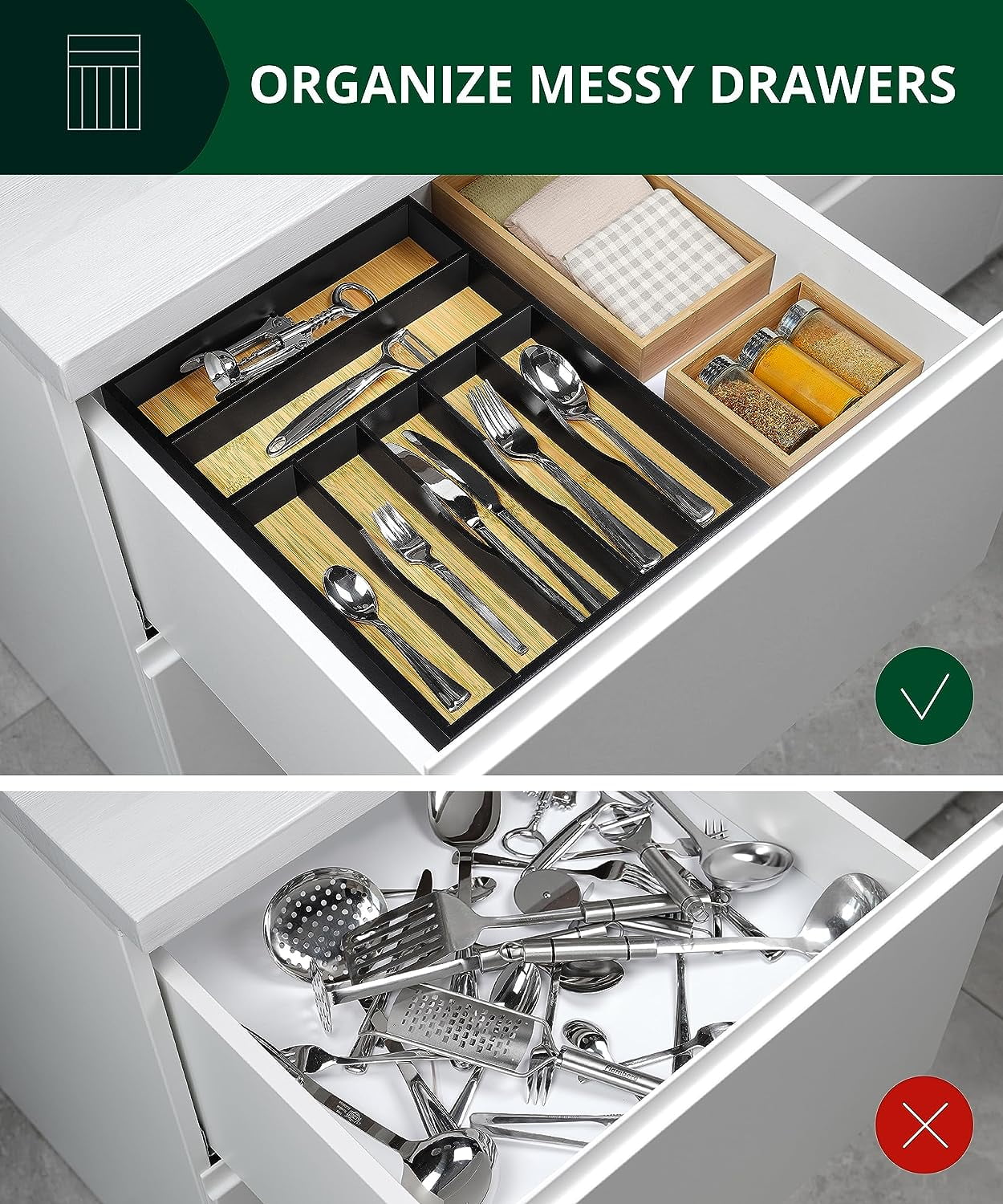 Royal Craft Wood Bamboo Kitchen Drawer Organizer Tray – Silverware Drawer Organizer and Utensil Holder for Flatware, Cutlery & Kitchen Storage (7 Slot, Nordic)