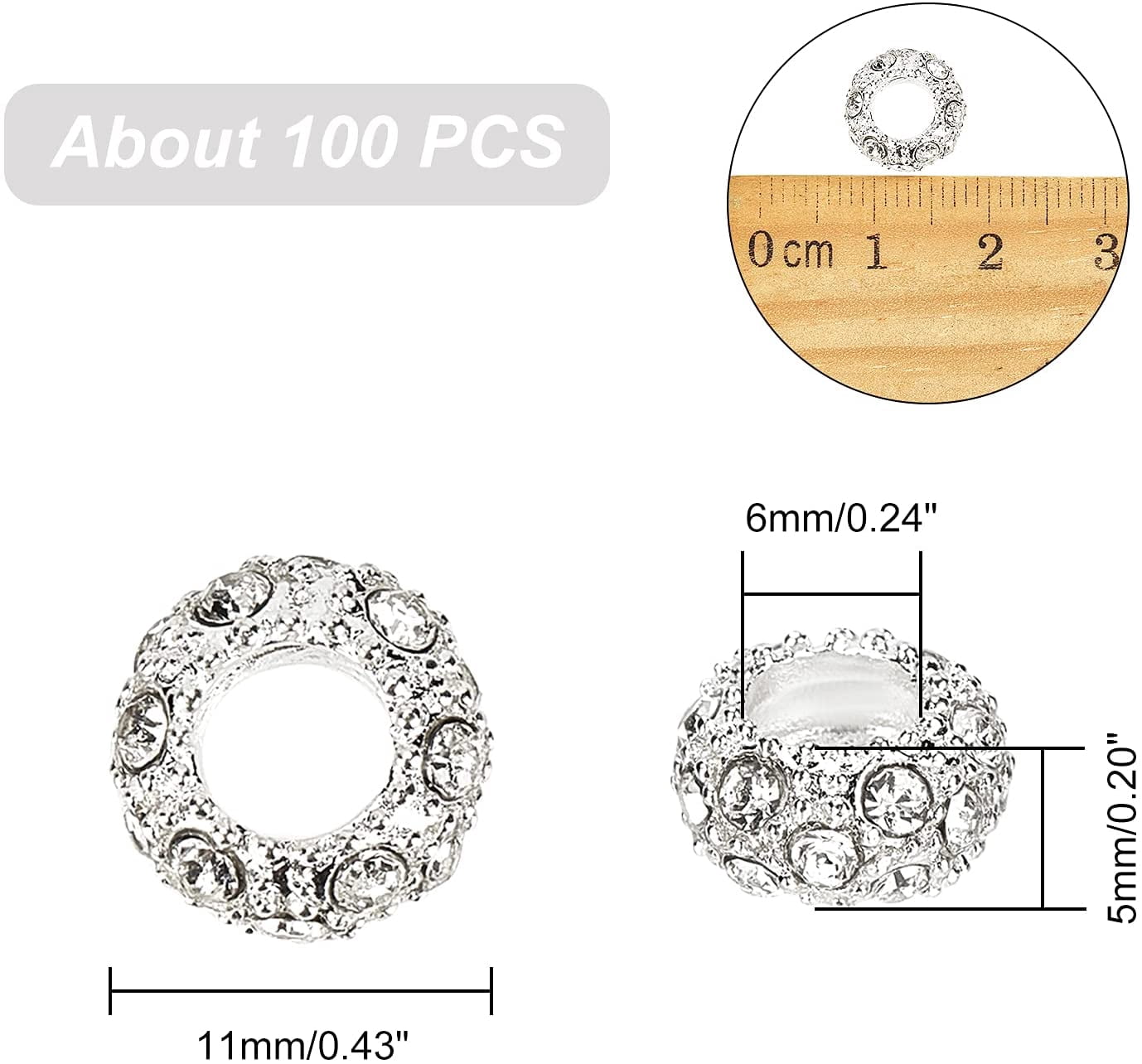 100pcs Rhinestone Large Hole Beads Diamond European Beads Garden Decor Beaded Rondelle Slide Spacer Beads Hair Beads Fit Bracelet Snake Chain Yard Patio Plant Pot Flower Decor Hole: 5mmClear