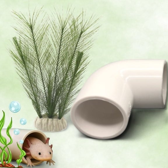 VIET ABEL CRAFTS Aquatic Pet Habitat Decor Small Hideout Natural Aquarium Aquarium Decor Set, with Axolotl Hide Tube & Silk Aquarium Plant, White