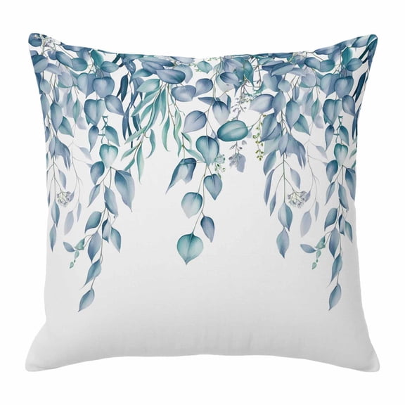 Throw Pillow Covers 16 x 16 Inch, Eucalyptus Leaves Cotton Linen Pillows Cases, Light Blue Summer Botanical Weeping Square Cushion Covers for Couch Sofa Bed