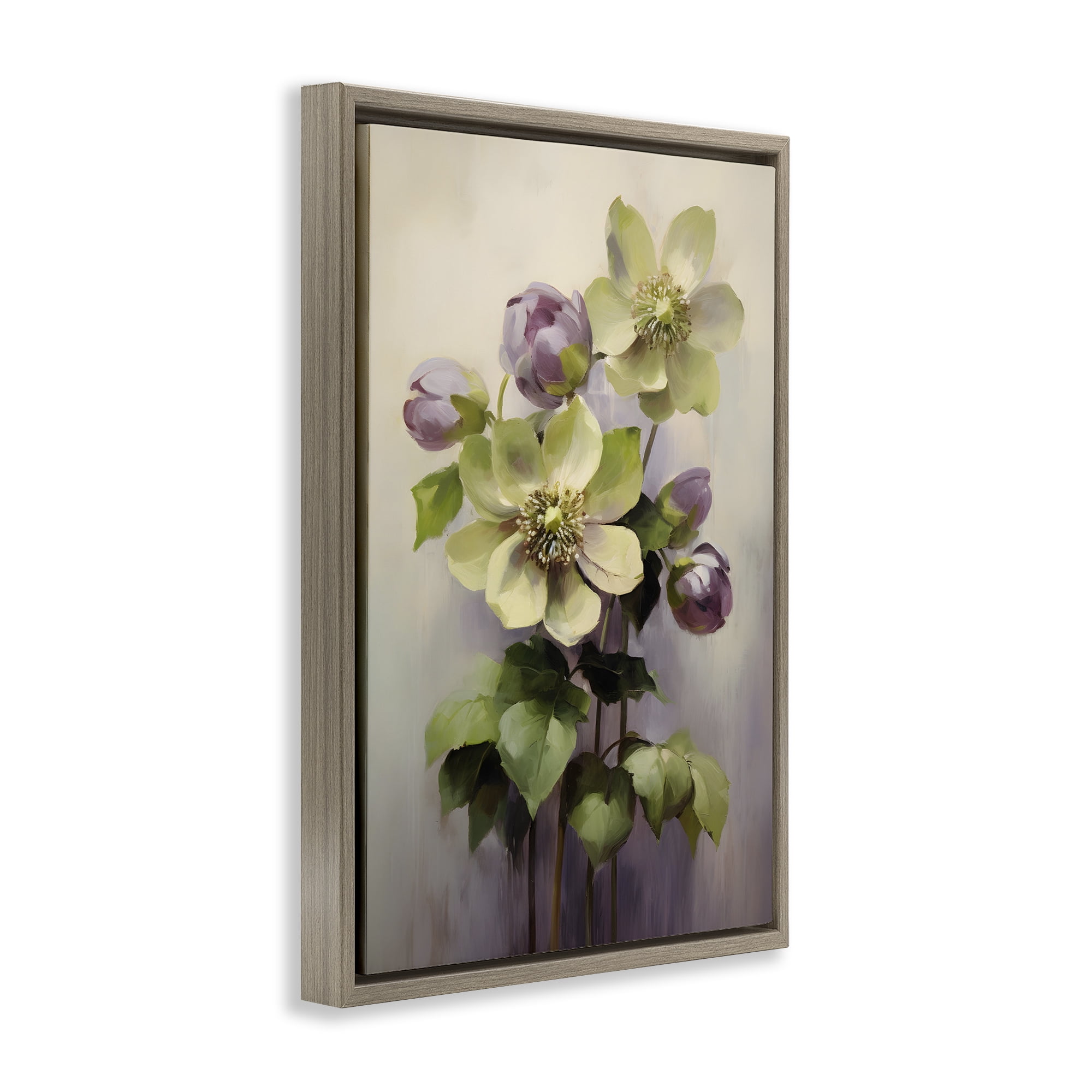 Stupell Industries Green & Purple Flowers Botanical & Floral Painting Brown Floater Framed Art Print Wall Art, 21 x 31