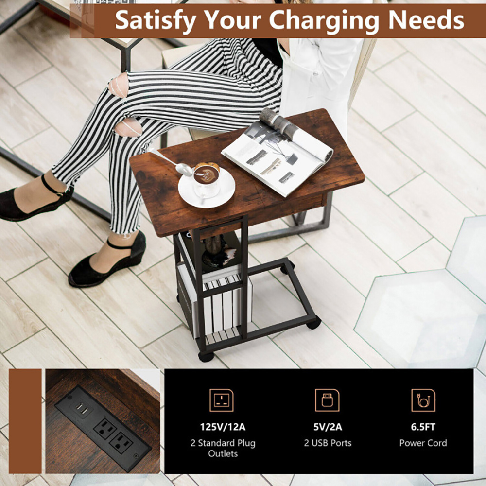 Finihen End Table, C-Shaped End Side Table with Charging Station and Wheels, Sofa Side Table, Bed Side Table, for Living Room, Bedroom, Rustic Brown Finihen End Table, C-Shaped End Side Table with Charging Station and Wheels, Sofa Side Table, Bed Side Table, for Living Room, Bedroom, Rustic Brown
