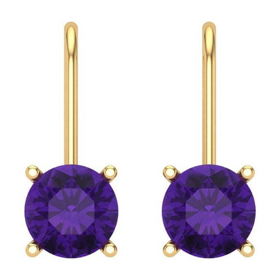 2 ct Lever-Back Drop Dangle Earrings for Women | 6.5mm Round Cut Natural Amethyst | 18K Yellow Gold