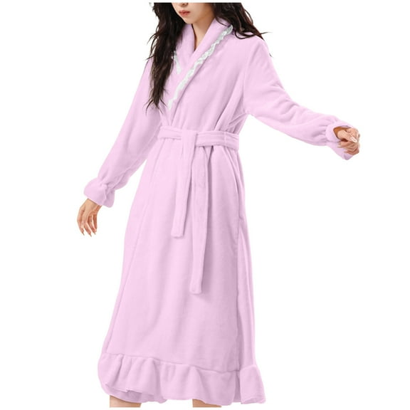 Women's Plush Robe with Lace Trim Collar Ruffled Hem Belted Long Sleeve Fleece Bathrobe for Loungewear Purple XL