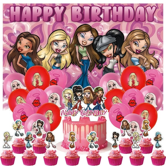32 Pcs For Bratz Theme Birthday Party Supplies Party Favor Set,With 18 Balloons,5*3ft Birthday Backdrop Decorations,13 Cupcake Toppers,All-in-One Party Supply Set