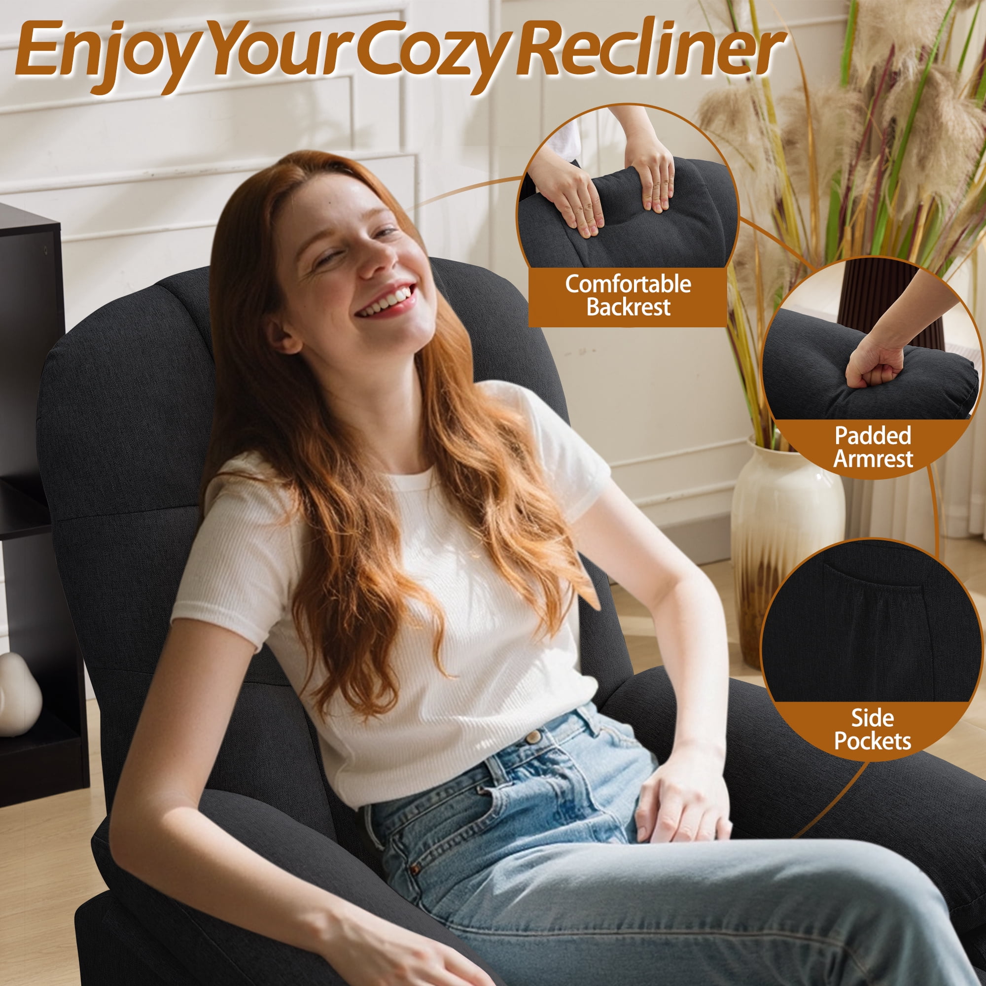 Korser Manual Swivel Rocker Recliner Chair for Living Room,Small Recliner Sofa for Small Spaces,Linen Fabric,Dark Black