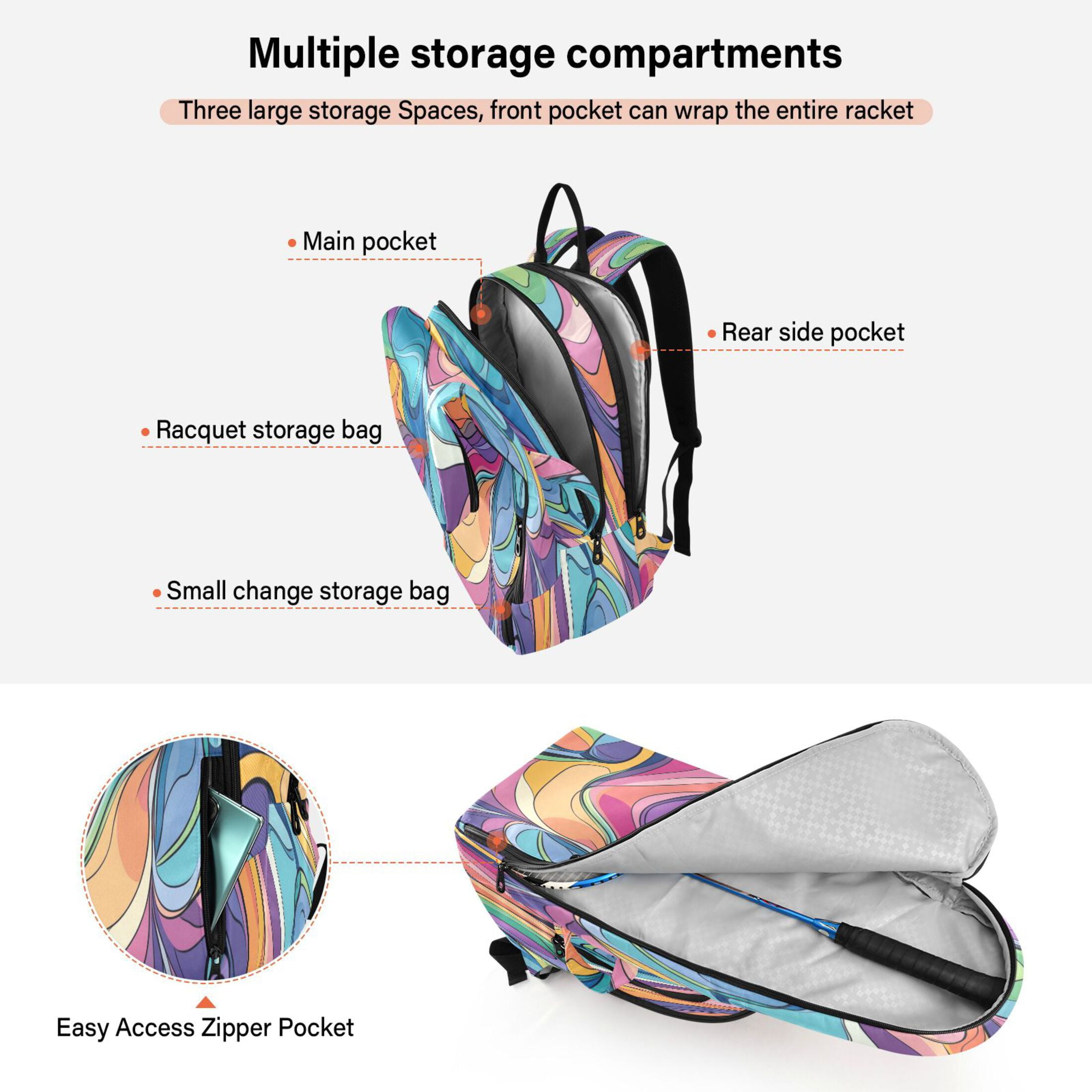 2 Racquet Holder Tennis Backpack Tennis Racket Covers Gym Bags Pastel Color Lines