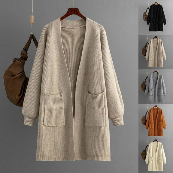 Lovskoo Cardigan Sweaters for Women Open Front Long Sleeve Solid Color Loose Jacket Oversized Winter Outerwear Tops Beige