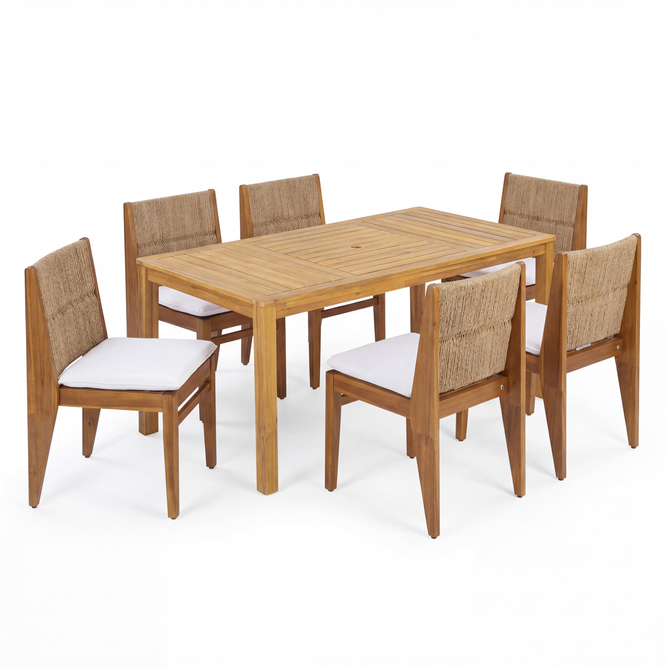 Christopher Knight Home 7-Piece Outdoor Dining Set, Table with Umbrella Hole and Wicker Chairs, Teak