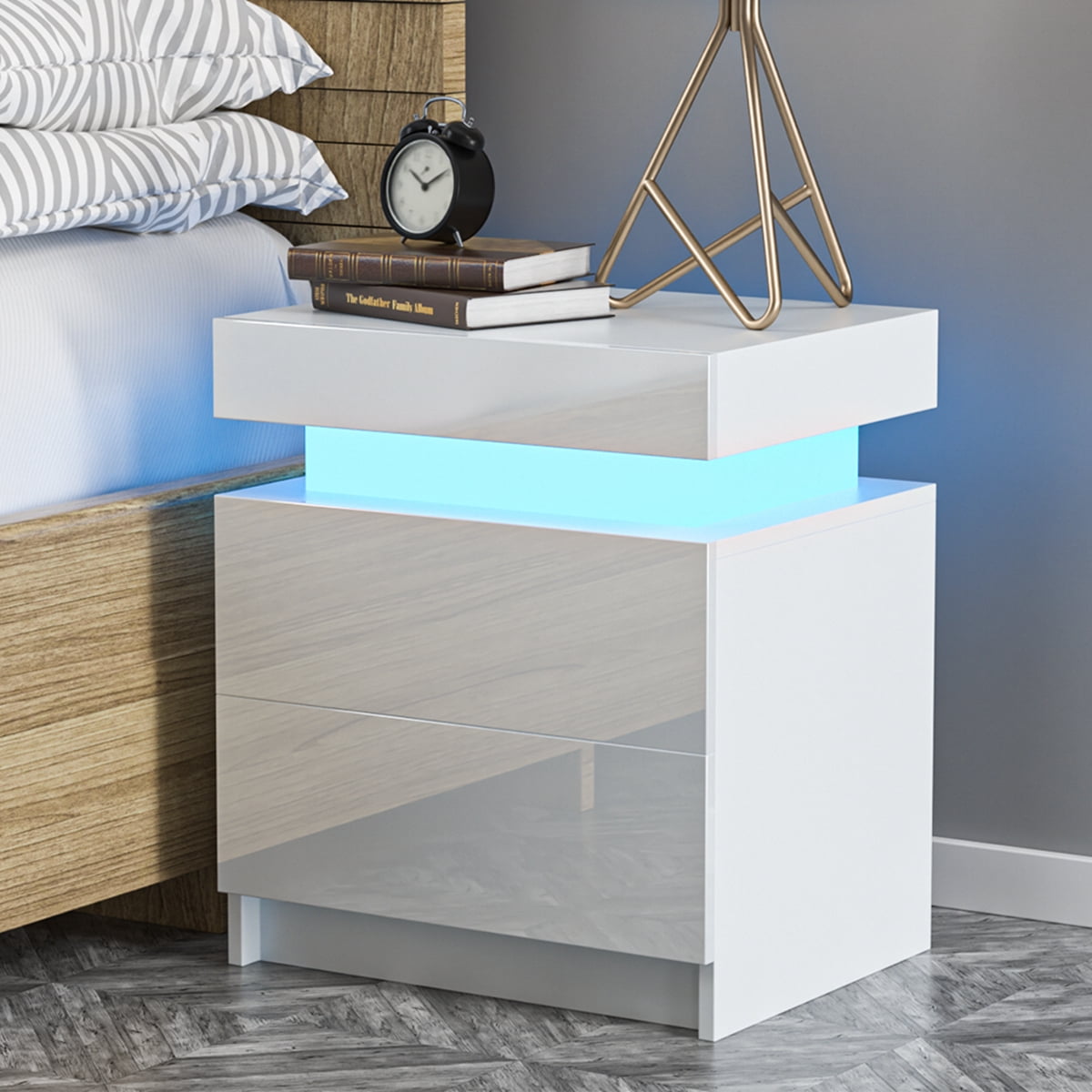 Hommpa High Gloss LED Nightstand with 2 Drawers Modern Bedside Tables